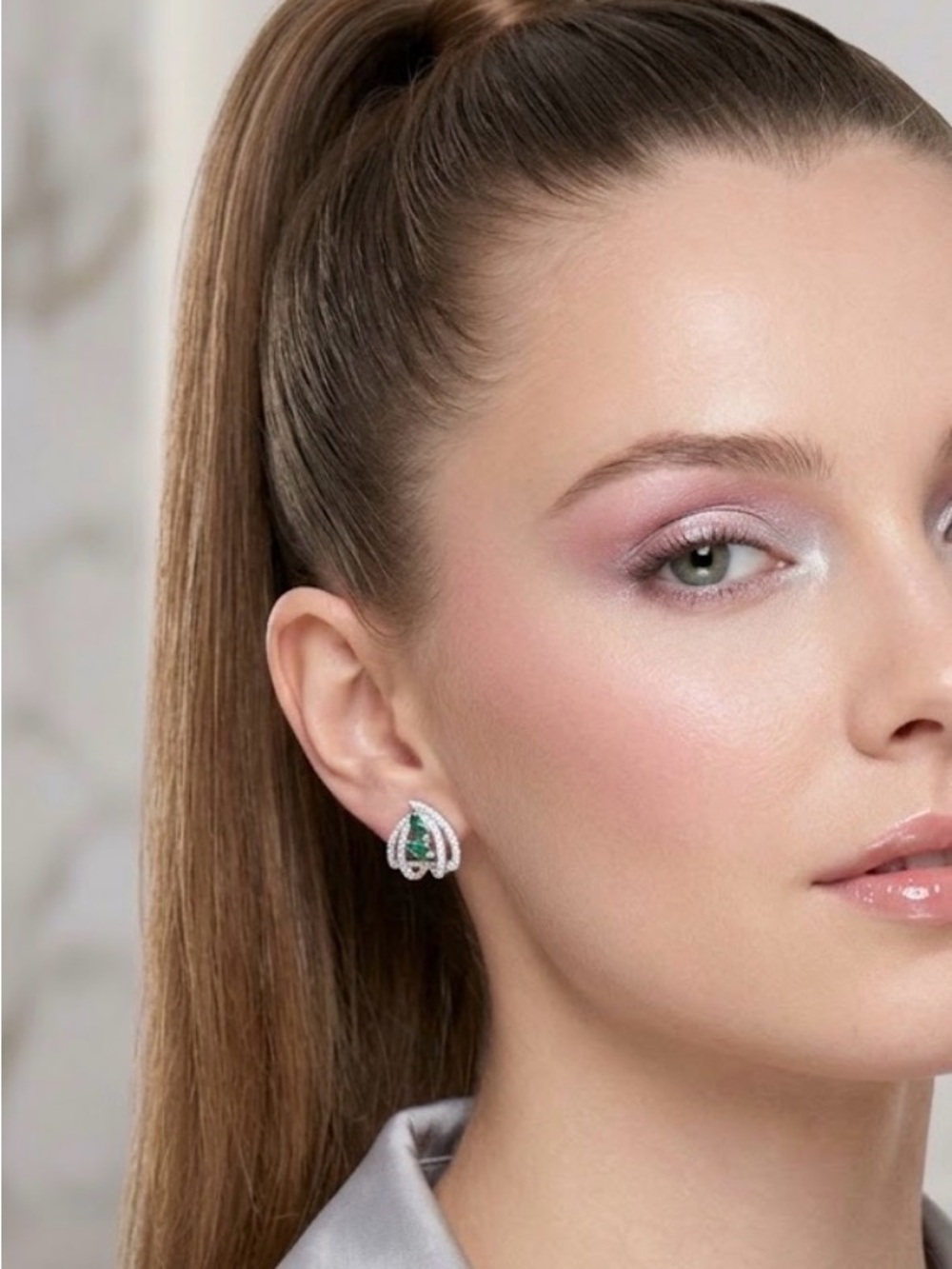 Silver-Tone Rhinestone Scallop Stud Earrings
